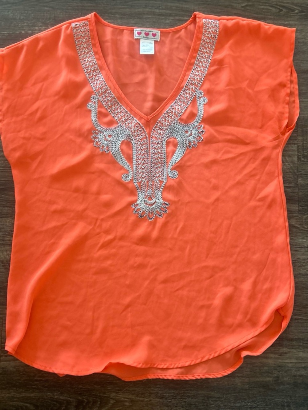 Three Hearts Bright Orange V‑Neck Blouse with Silver Beaded Trim